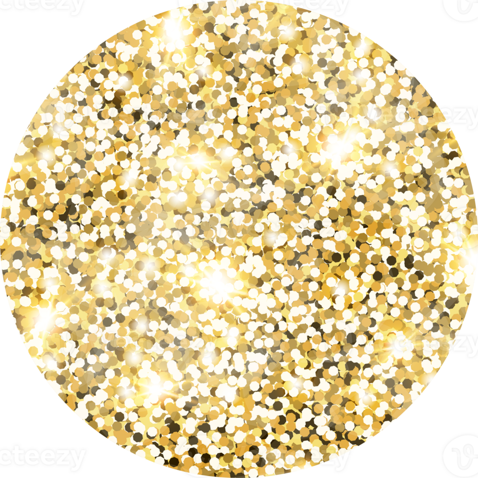 Circle shiny gold glitter shape design element. Golden color dust texture form for holiday decoration, flyer, poster, greeting card, background, wallpaper. Shiny paint form Birthday illustration. png