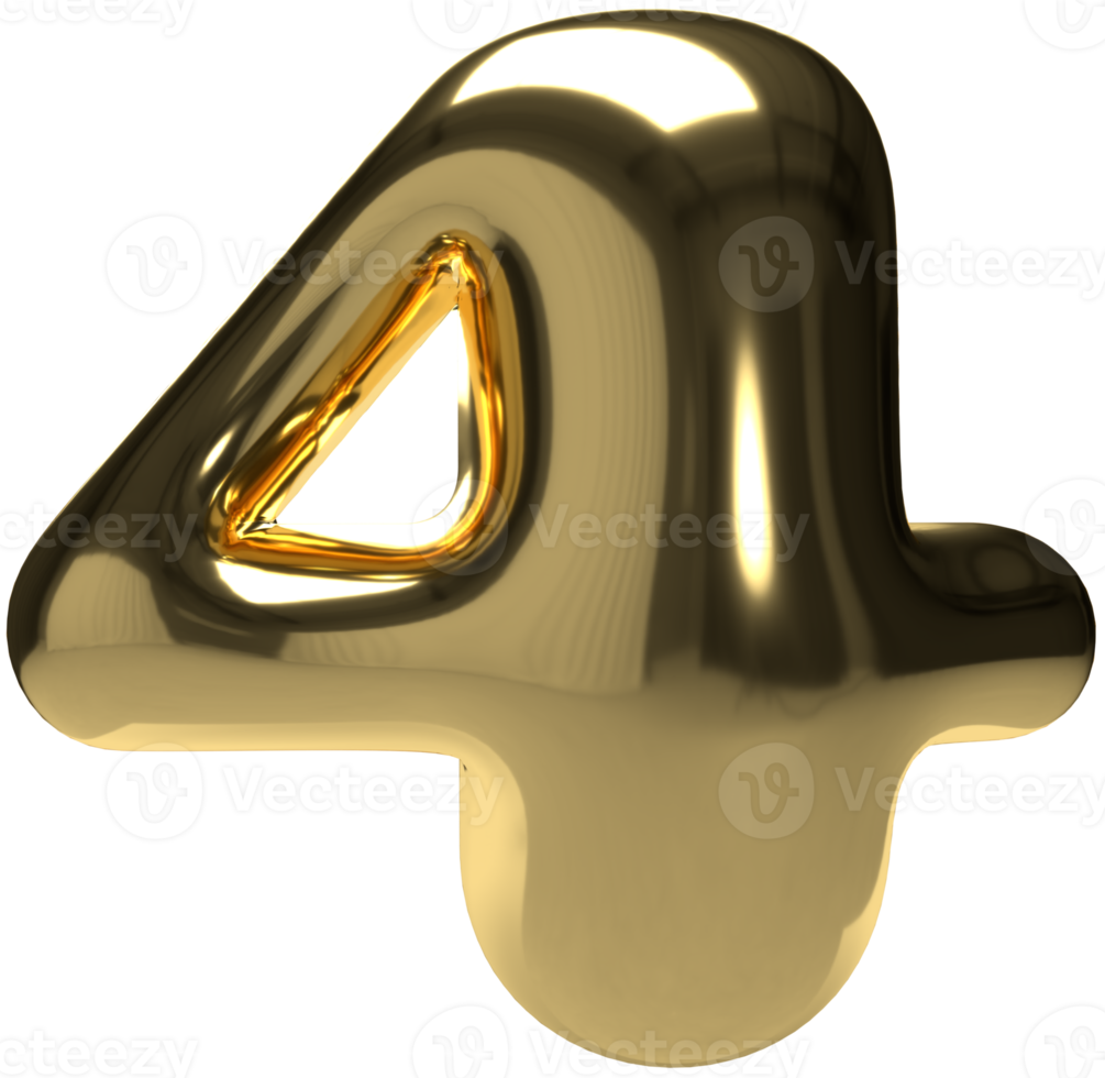 Gold volume balloon number 4. Real golden yellow metal round font. Realistic design element for banner, sale, party, birthday, anniversary, wedding. Bright foil metallic 3D render illustration png