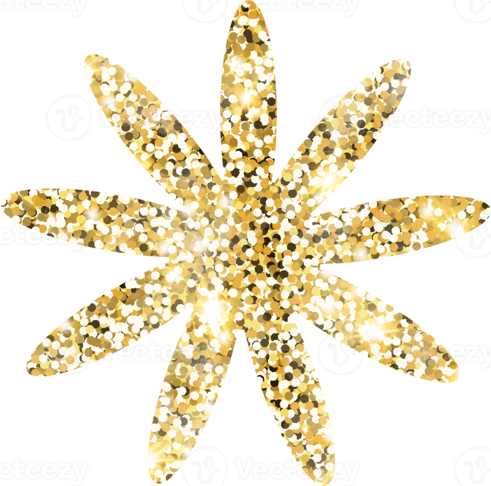 Flower shiny gold glitter shape design element. Golden color dust texture daisy for holiday decoration, flyer, poster, greeting card, background, wallpaper. Shiny paint form Birthday illustration. png