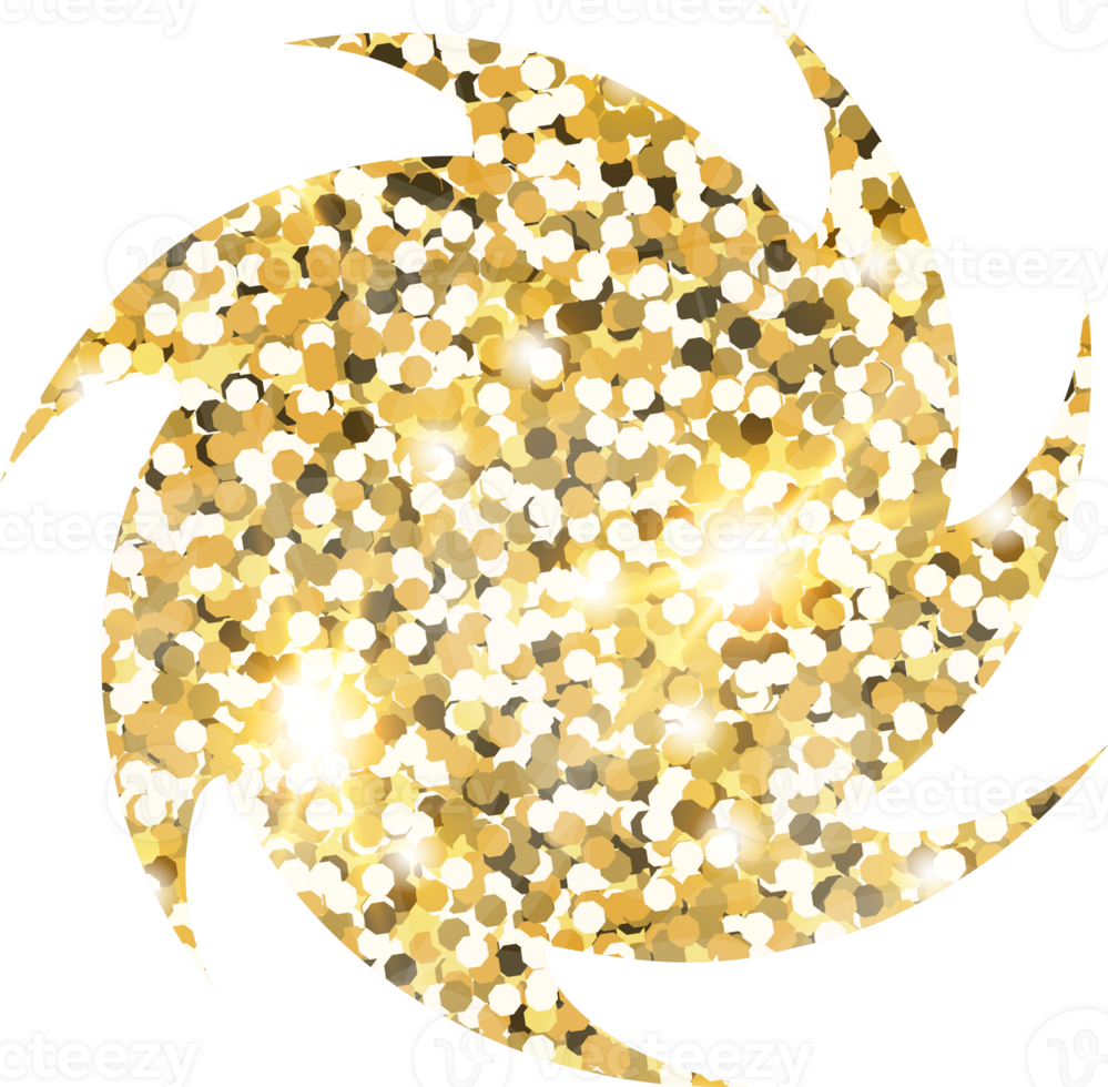 Swirl sparkle shiny gold glitter shape design element. Golden color dust texture form for holiday decoration, flyer, poster, greeting card, background, wallpaper. Shiny paint Birthday illustration. png