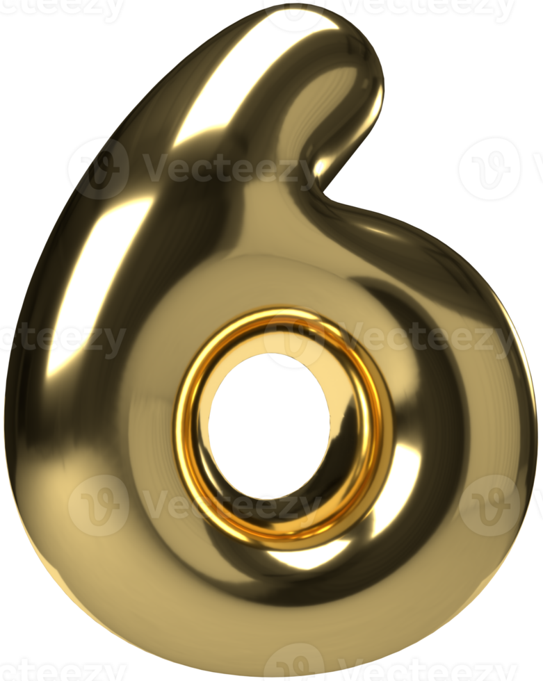 Gold volume balloon number 6. Real golden yellow metal round font. Realistic design element for banner, sale, party, birthday, anniversary, wedding. Bright foil metallic 3D render illustration png