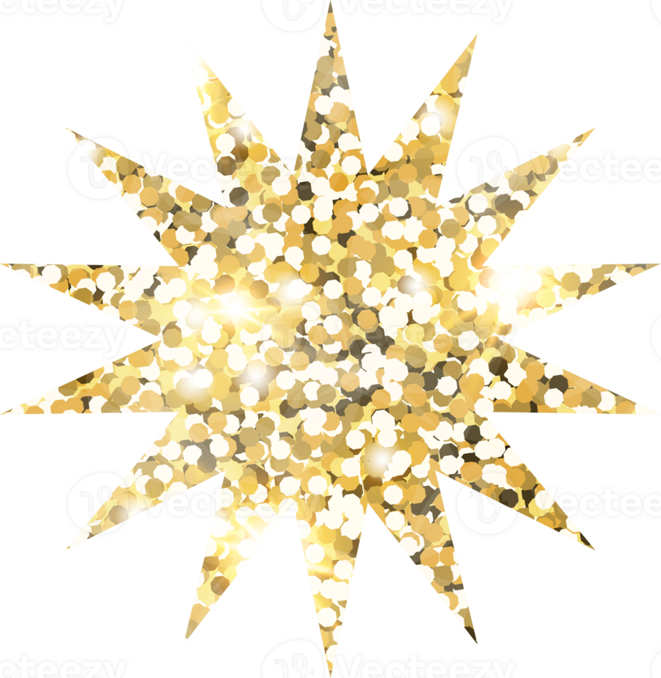 Star sparkle shiny gold glitter shape design element. Golden color dust texture form for holiday decoration, flyer, poster, greeting card, background, wallpaper. Shiny paint Birthday illustration. png