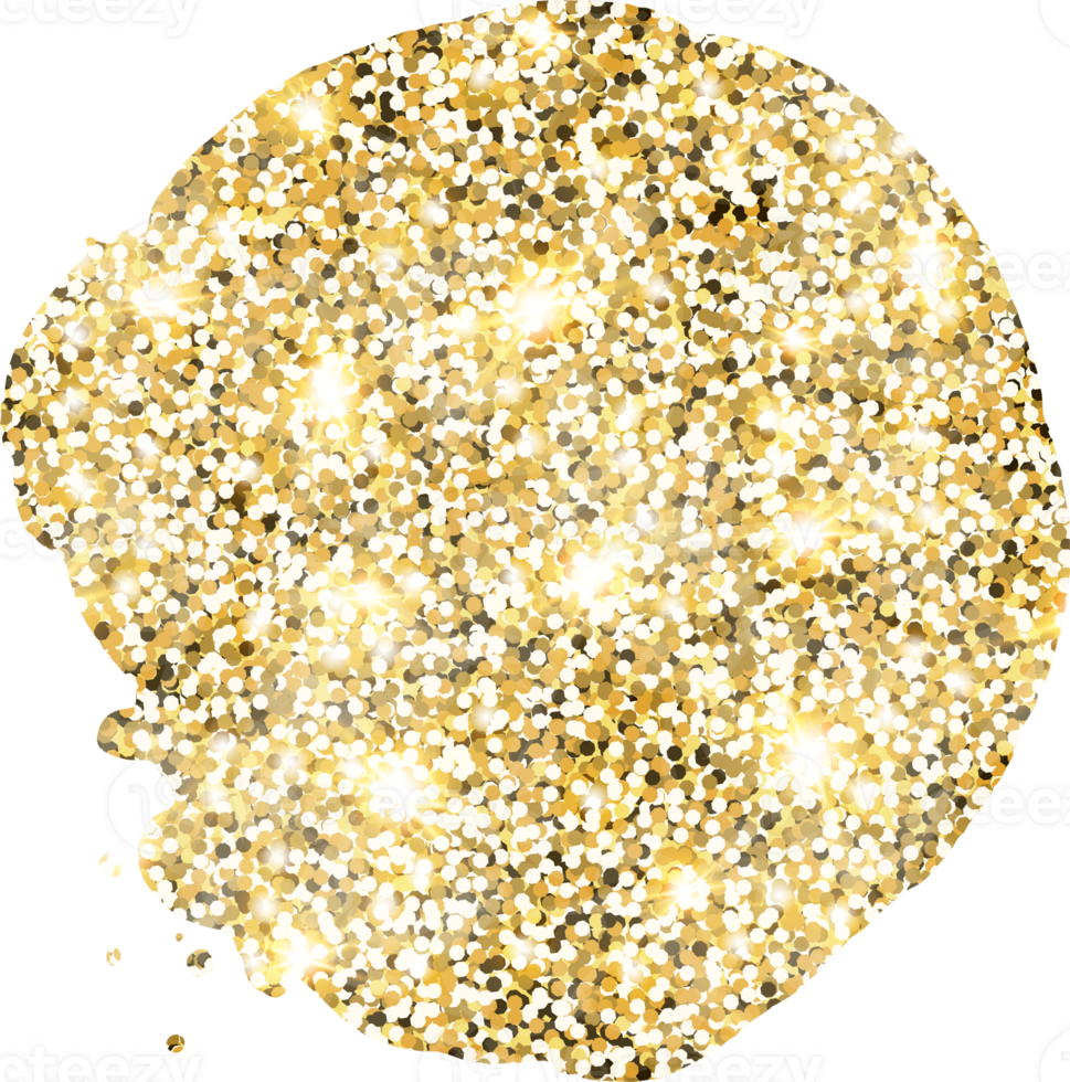 Abstract shiny gold glitter stain design element. Golden color dust texture spot for holiday decoration, flyer, poster, greeting card, background, wallpaper. Shiny paint stroke fashion illustration. png