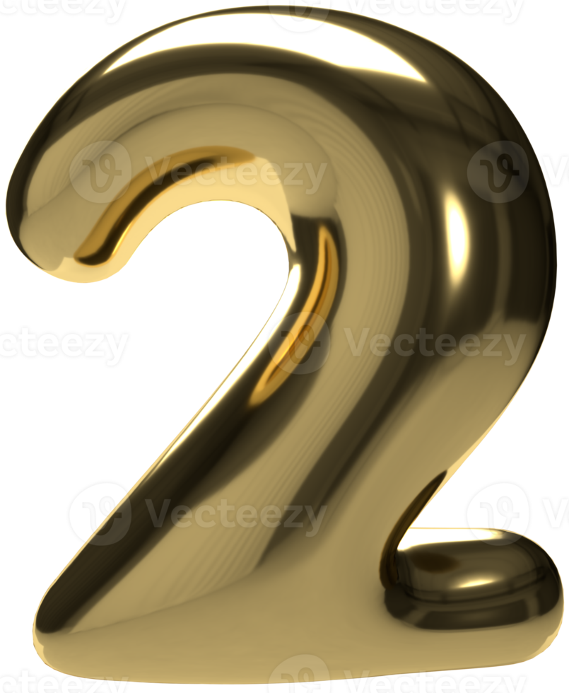Gold volume balloon number 2. Real golden yellow metal round font. Realistic design element for banner, sale, party, birthday, anniversary, wedding. Bright foil metallic 3D render illustration png