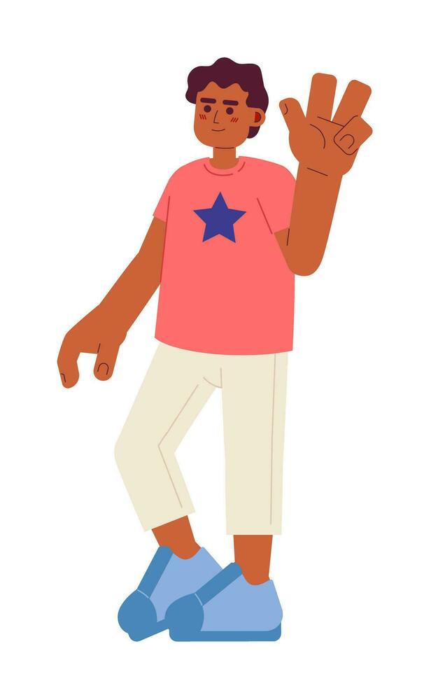 africano americano chico con paz dedos semi plano vistoso vector personaje. Adolescente chico sonriente contento. editable lleno cuerpo persona en blanco. sencillo dibujos animados Mancha ilustración para web gráfico diseño