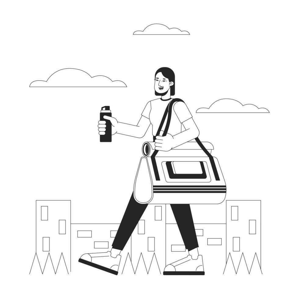 Woman with fitness bag bw concept vector spot illustration. Lady hold sport bottle outside 2D cartoon flat line monochromatic character for web UI design. Activity editable isolated outline hero image