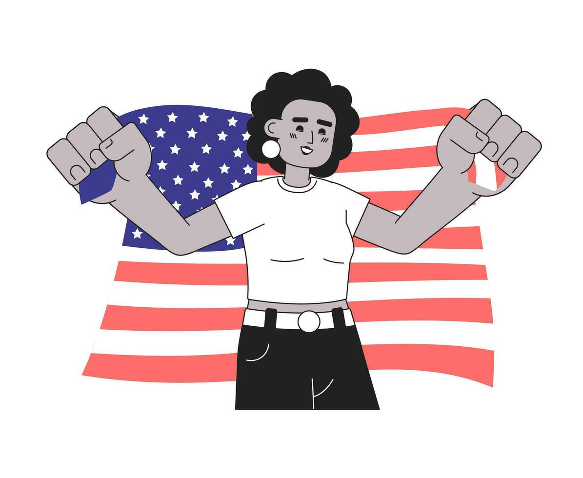 africano americano mujer participación americano bandera monocromo plano vector personaje. independencia día EE.UU. editable línea medio cuerpo persona en blanco. sencillo bw dibujos animados Mancha imagen para web gráfico diseño