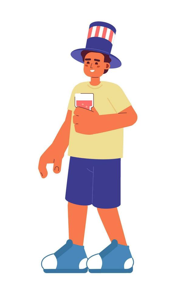 Young latino man with punch glass semi flat colorful vector character. Guy wearing 4th of july hat. Editable full body person on white. Simple cartoon spot illustration for web graphic design