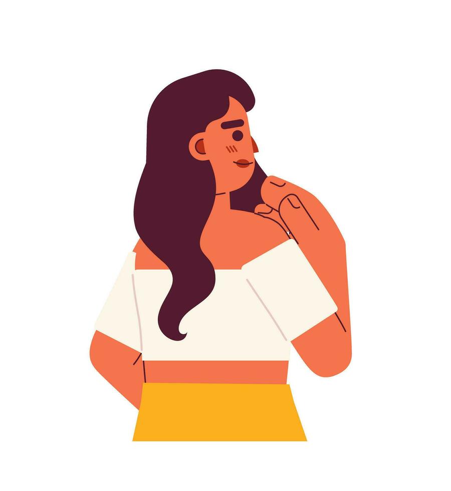 hermosa morena mujer mirando emocionado semi plano vistoso vector personaje. indio dama complacido. editable medio cuerpo persona en blanco. sencillo dibujos animados Mancha ilustración para web gráfico diseño