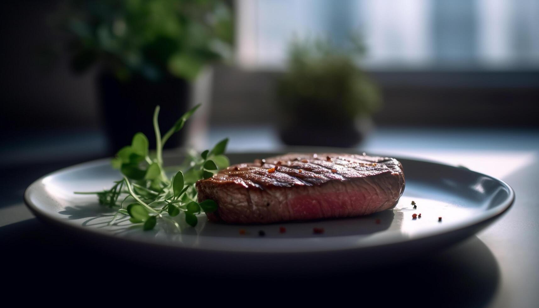 Grilled fillet steak on gourmet plate with fresh vegetables generated by AI photo