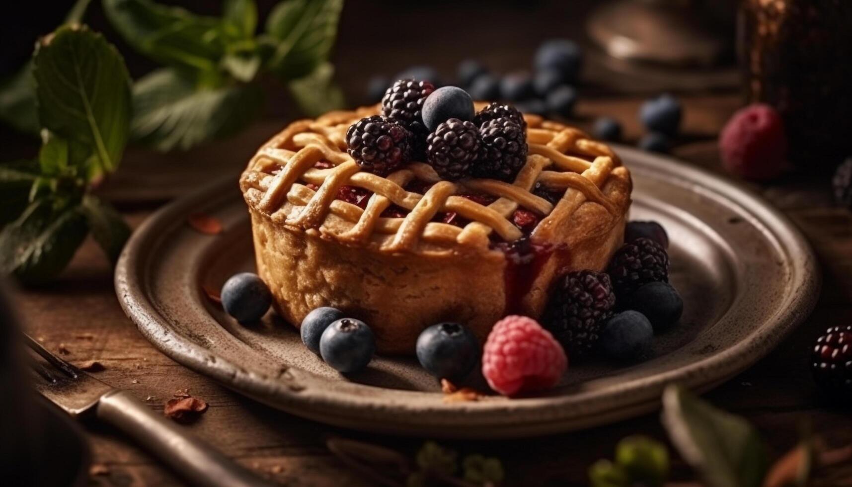A homemade berry waffle stack with fresh blueberries and raspberries generated by AI photo