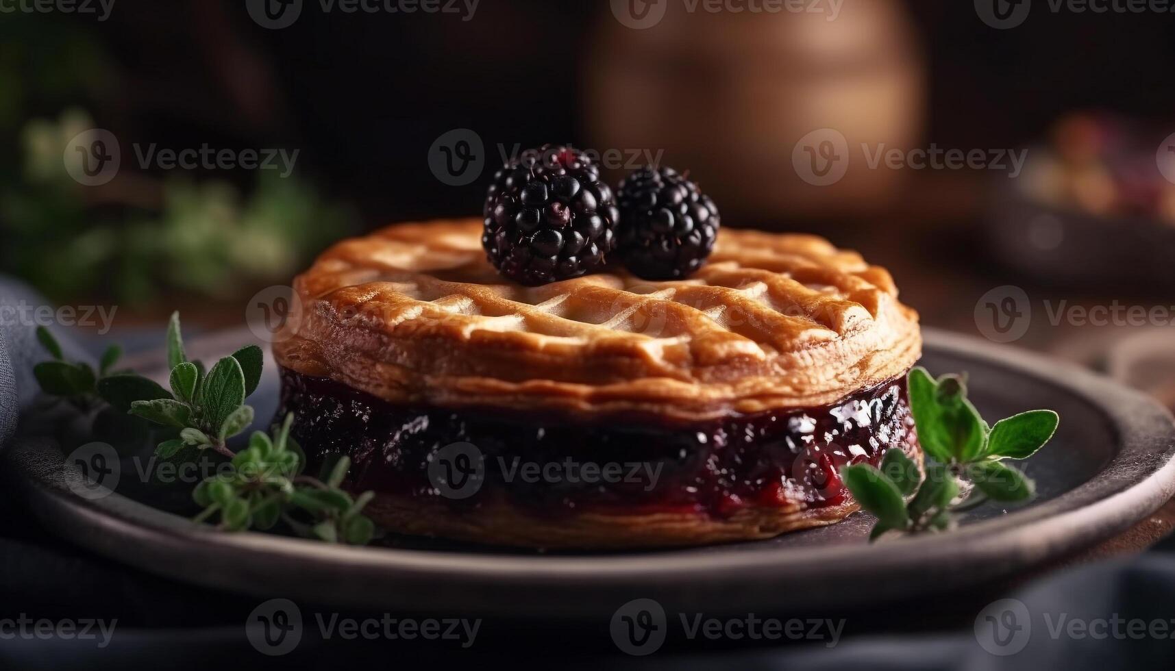 A stack of homemade pancakes with berry sauce and syrup generated by AI photo