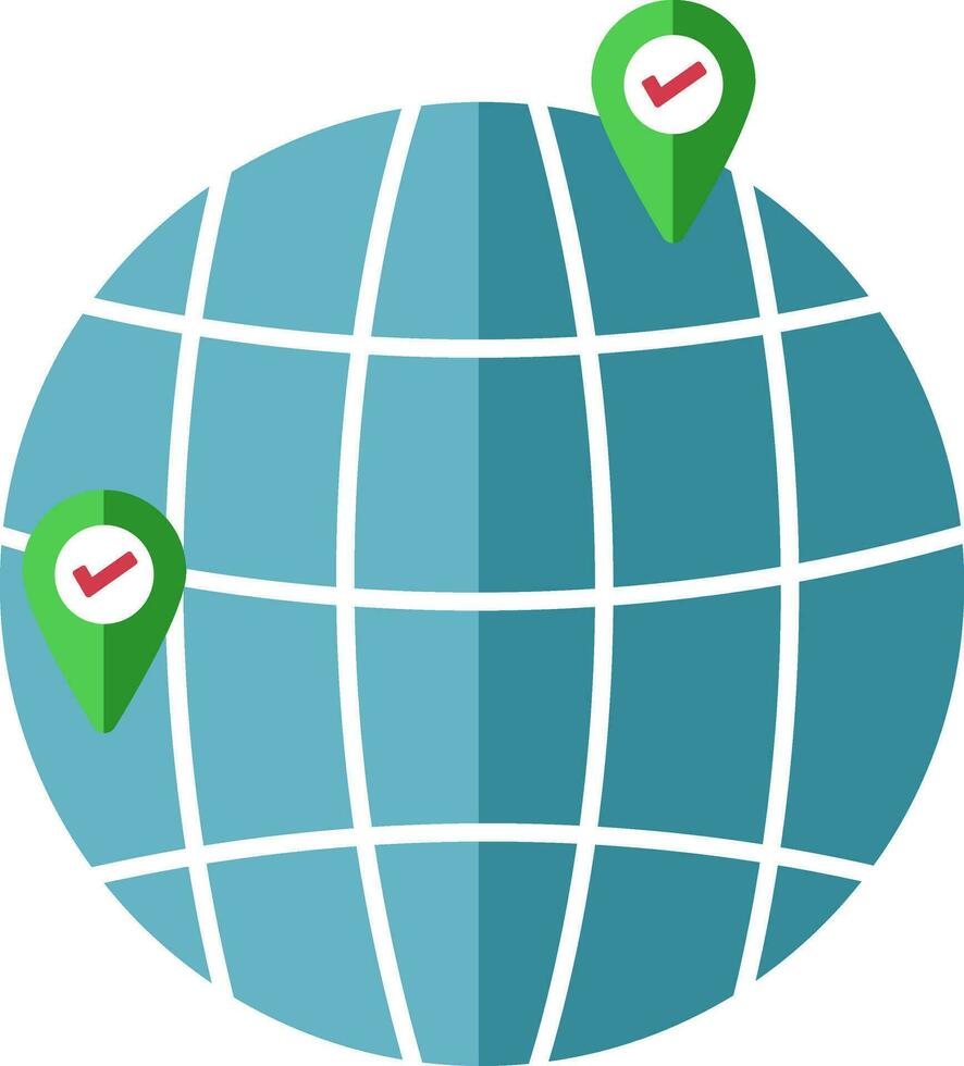 Earth globe with map pins in flat style. vector