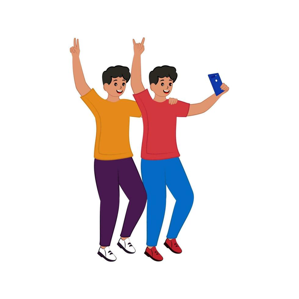 alegre Adolescente chico tomando selfie con su amigo o hermano desde teléfono inteligente en blanco antecedentes. vector
