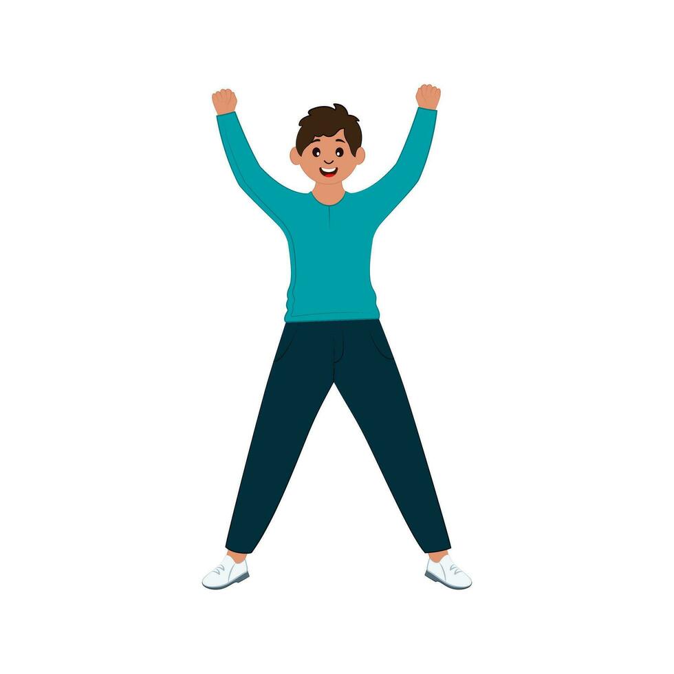 Happiness Young Boy Raising Hands On White Background. vector