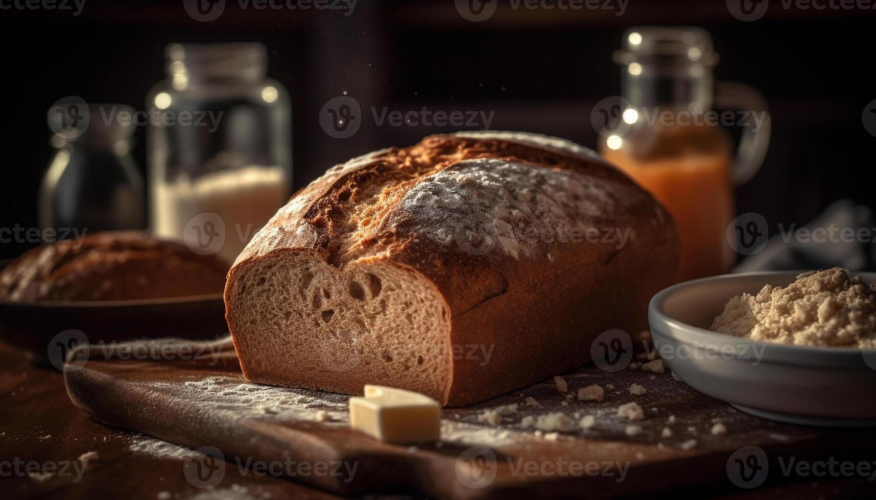 Rustic whole wheat baguette baked with organic dairy and butter generated by AI photo