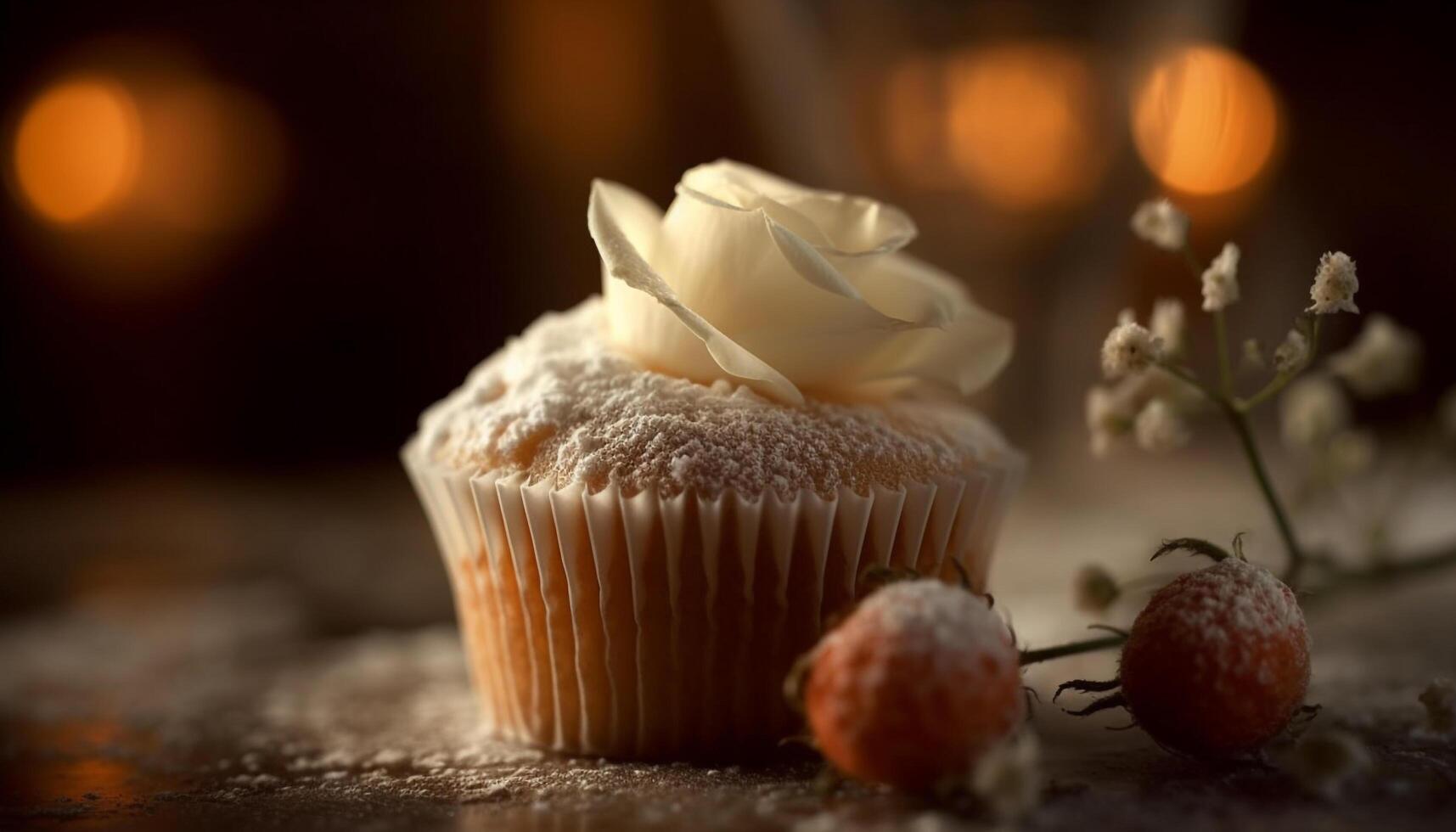 Freshly baked chocolate chip muffin, a sweet indulgence on table generated by AI photo