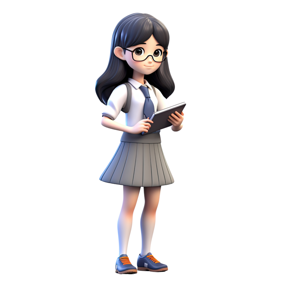 ai generated  cartoon cute 3d Korean girl wearing a school uniform reading a book png