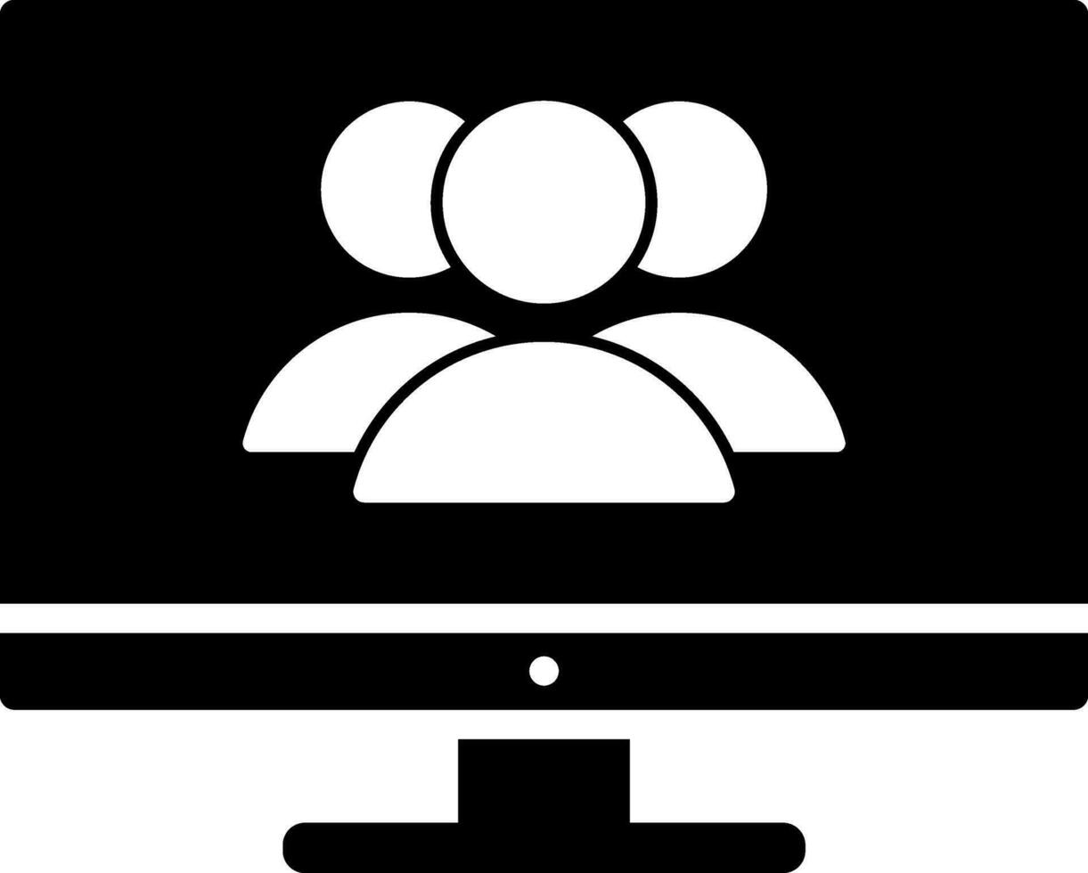 Black and White illustration of human team on desktop screen icon. vector