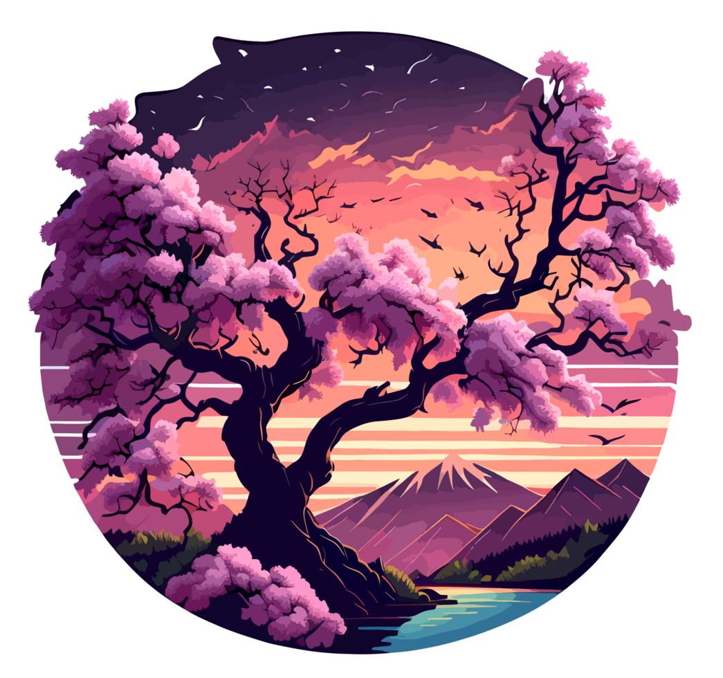 Beautiful Afternoon Spring Season with Cherry Blossom Tree Illustration AI Generative png