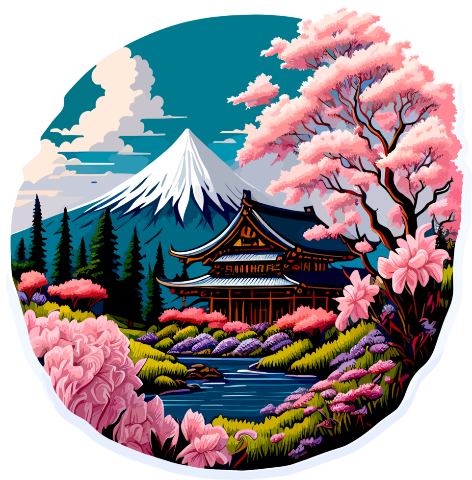 mooi kers bloesem boom met Japan huis illustratie ai generatief png