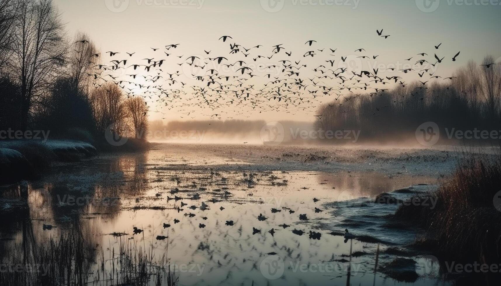 A tranquil scene at dusk, with a backlit tree silhouette generated by AI photo