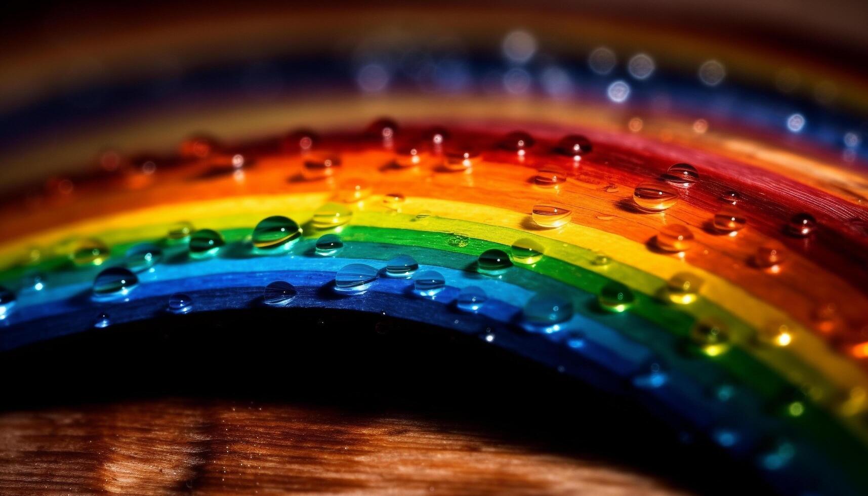 A vibrant, multi colored rainbow illuminates the wet, shiny glass surface generated by AI photo