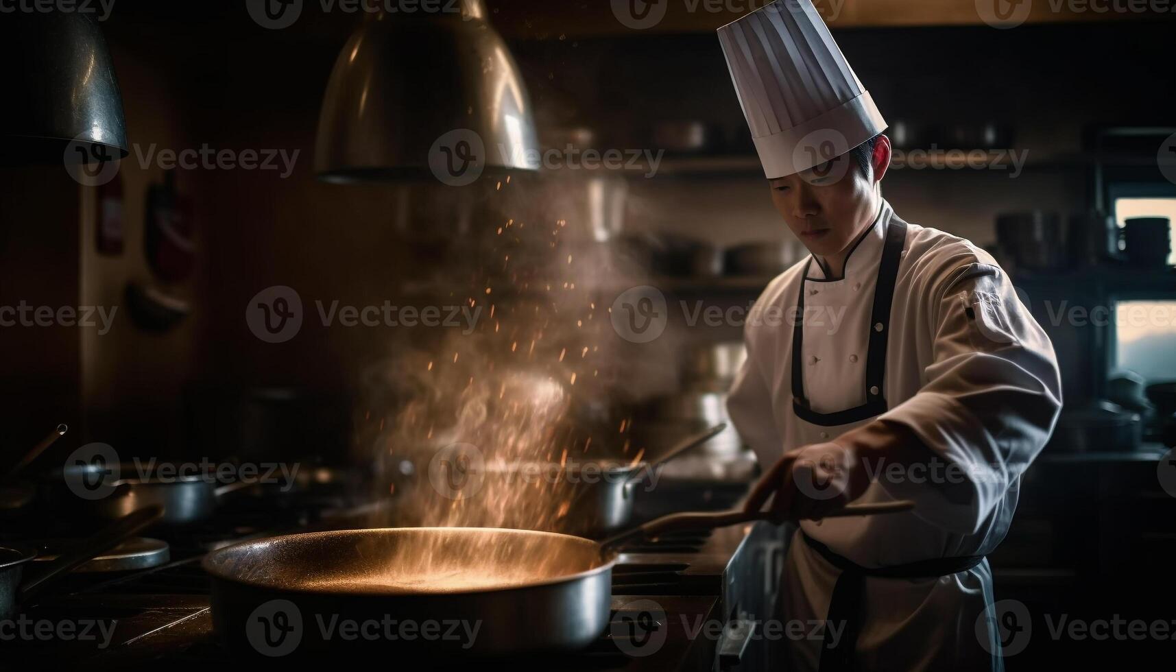 One skilled chef, preparing gourmet meal in commercial kitchen generated by AI photo