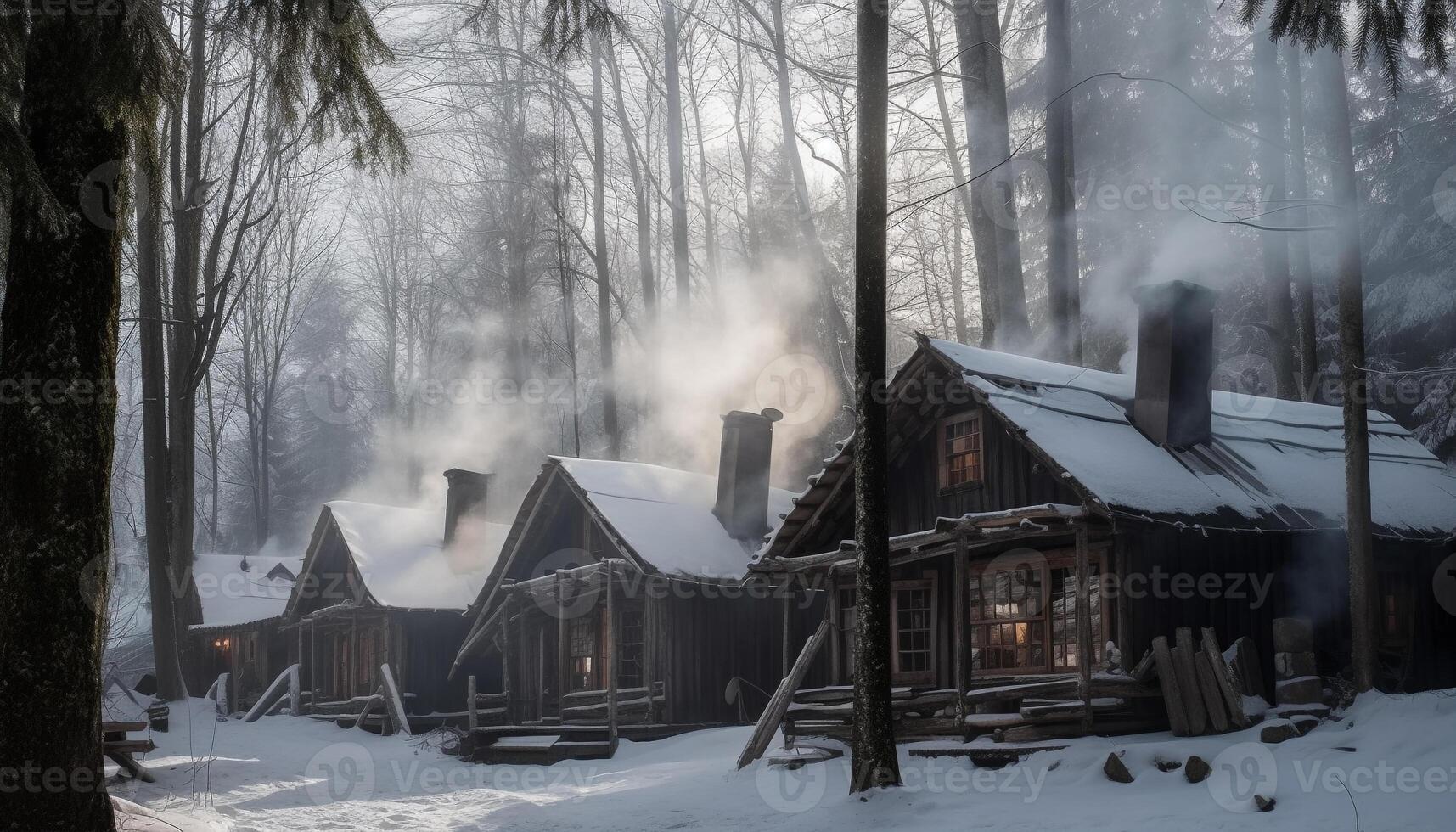 Spooky hut in frozen forest, a beauty in winter nature generated by AI photo