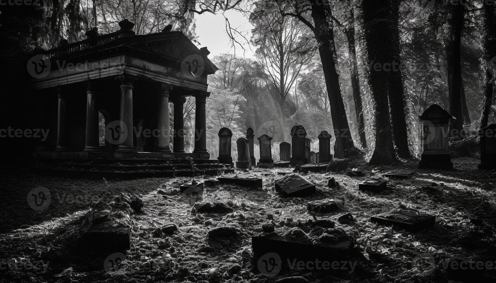 Ancient tombstone silhouette, a spooky monument of the past generated by AI photo