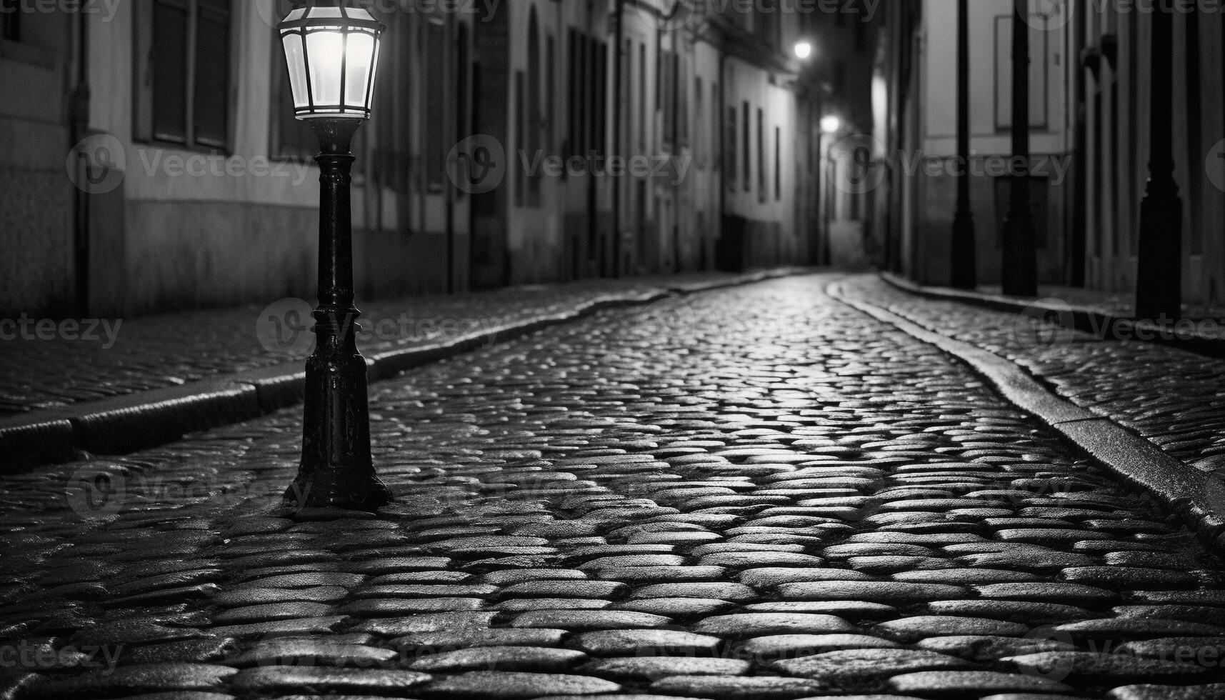 el antiguo pueblo cuadrado, iluminado por linternas en un lluvioso noche generado por ai foto