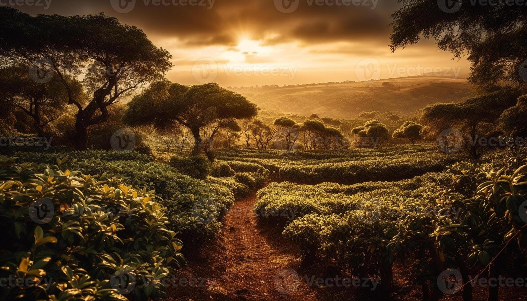 A tranquil scene of a sunset over a rural farm generated by AI photo