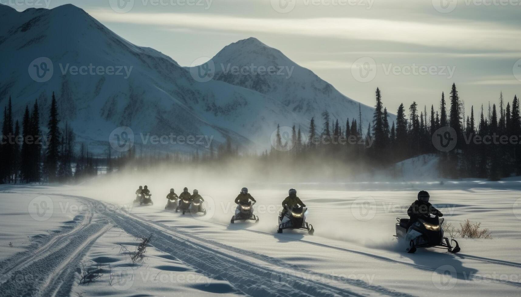 Two men snowboarding on extreme terrain, silhouettes against mountain peak generated by AI photo