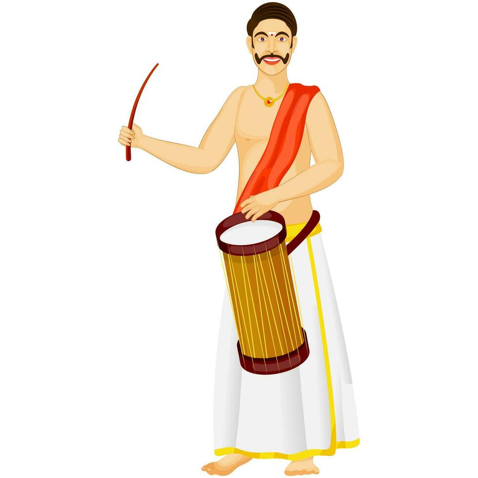 South Indian Drummer Man Standing On White Background. vector