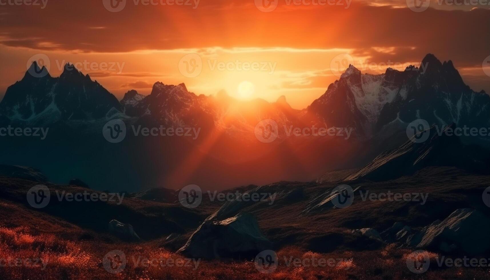 Majestic mountain peak back lit by sunset, a tranquil scene generated by AI photo