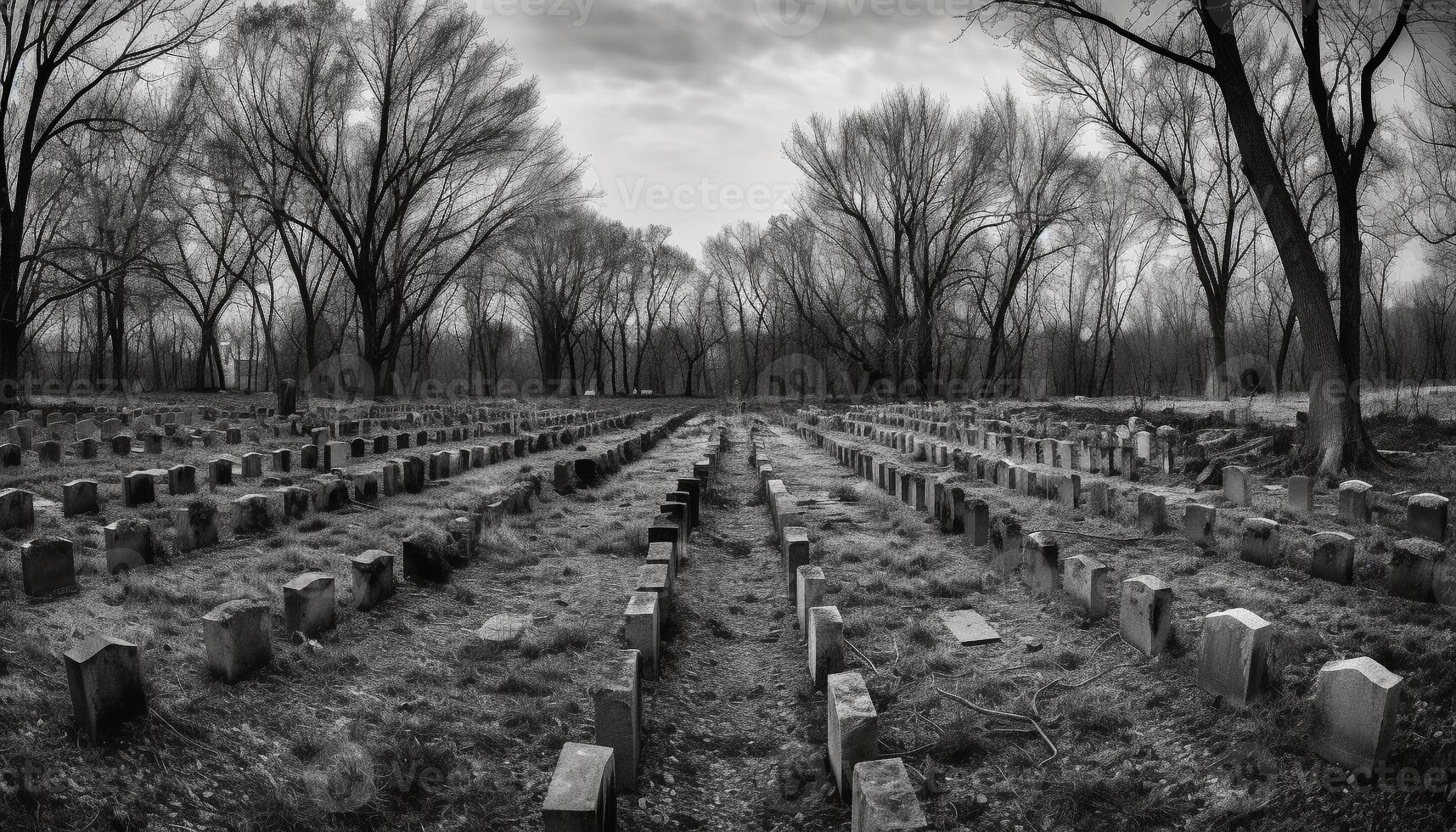 A spooky tombstone monument vanishing into the dimming perspective generated by AI photo