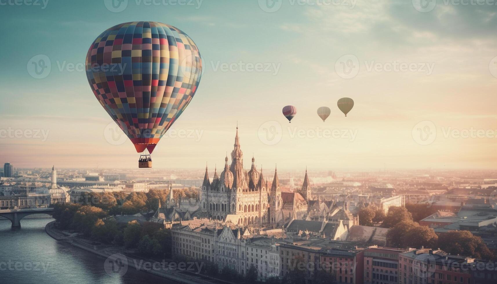 Floating above the city, chasing the sunset in a balloon generated by AI photo