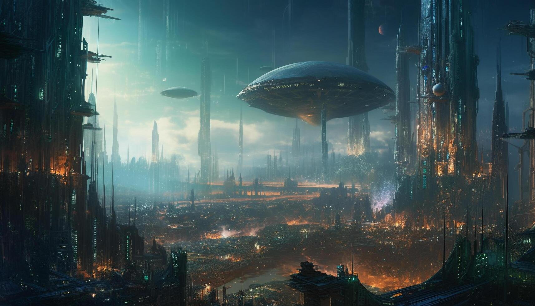 Futuristic spaceship illuminates dark cityscape, a bizarre modern fantasy generated by AI photo