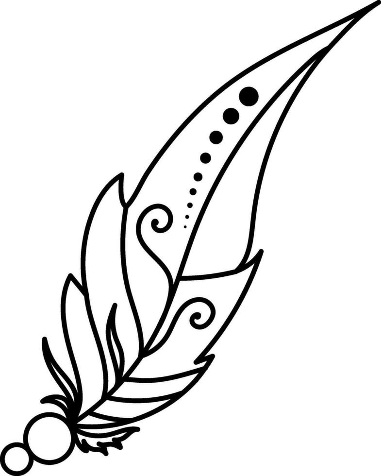 Black line art feather in boho style. vector