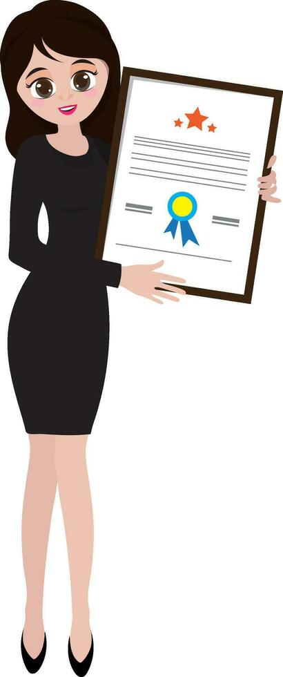Character of business woman with certificate. vector