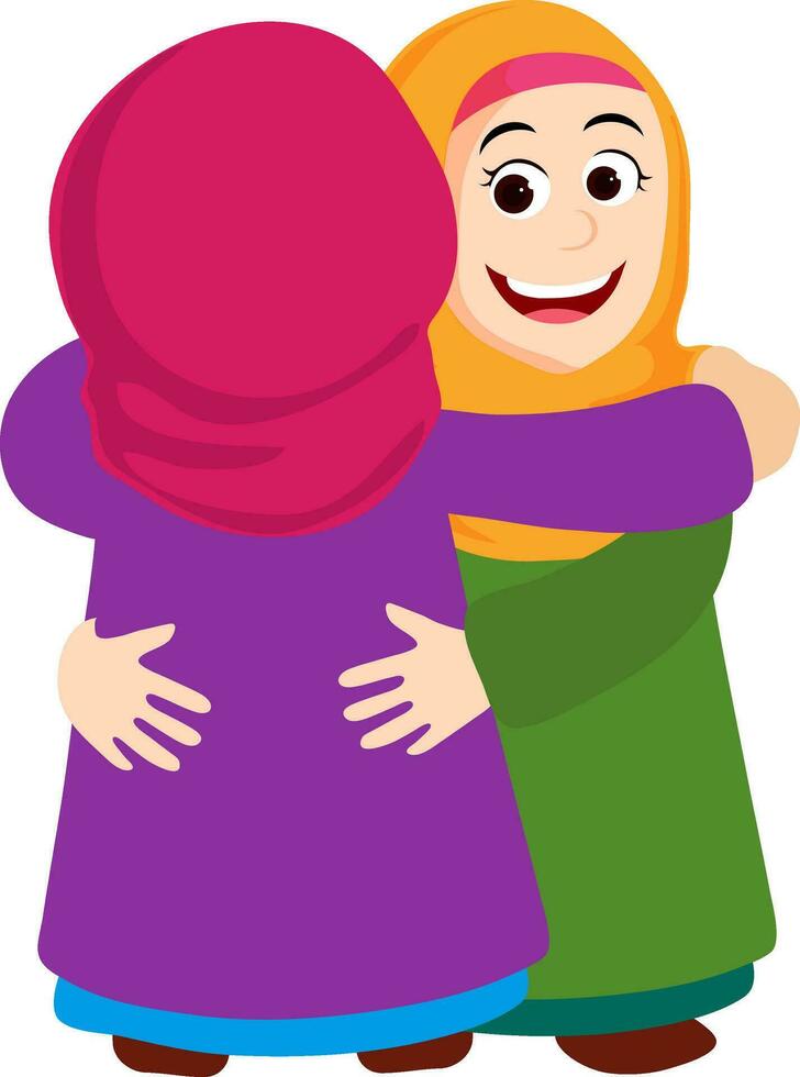 Cheerful muslim women hugging each other. vector