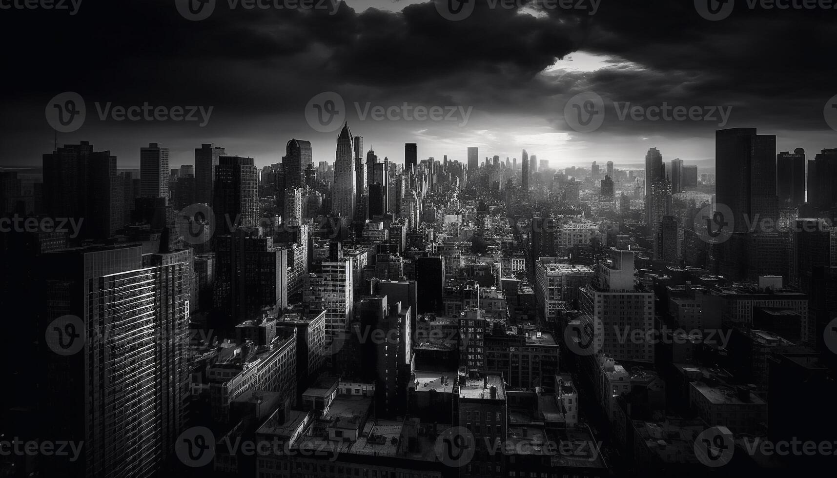 A panoramic black and white cityscape at dusk, futuristic architecture generated by AI photo