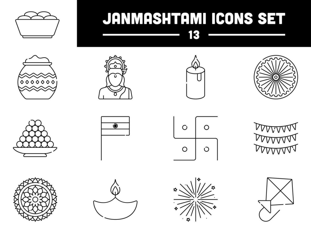 Black Linear Style Lord Krishna Birthday Celebration 13 Icon Set. vector