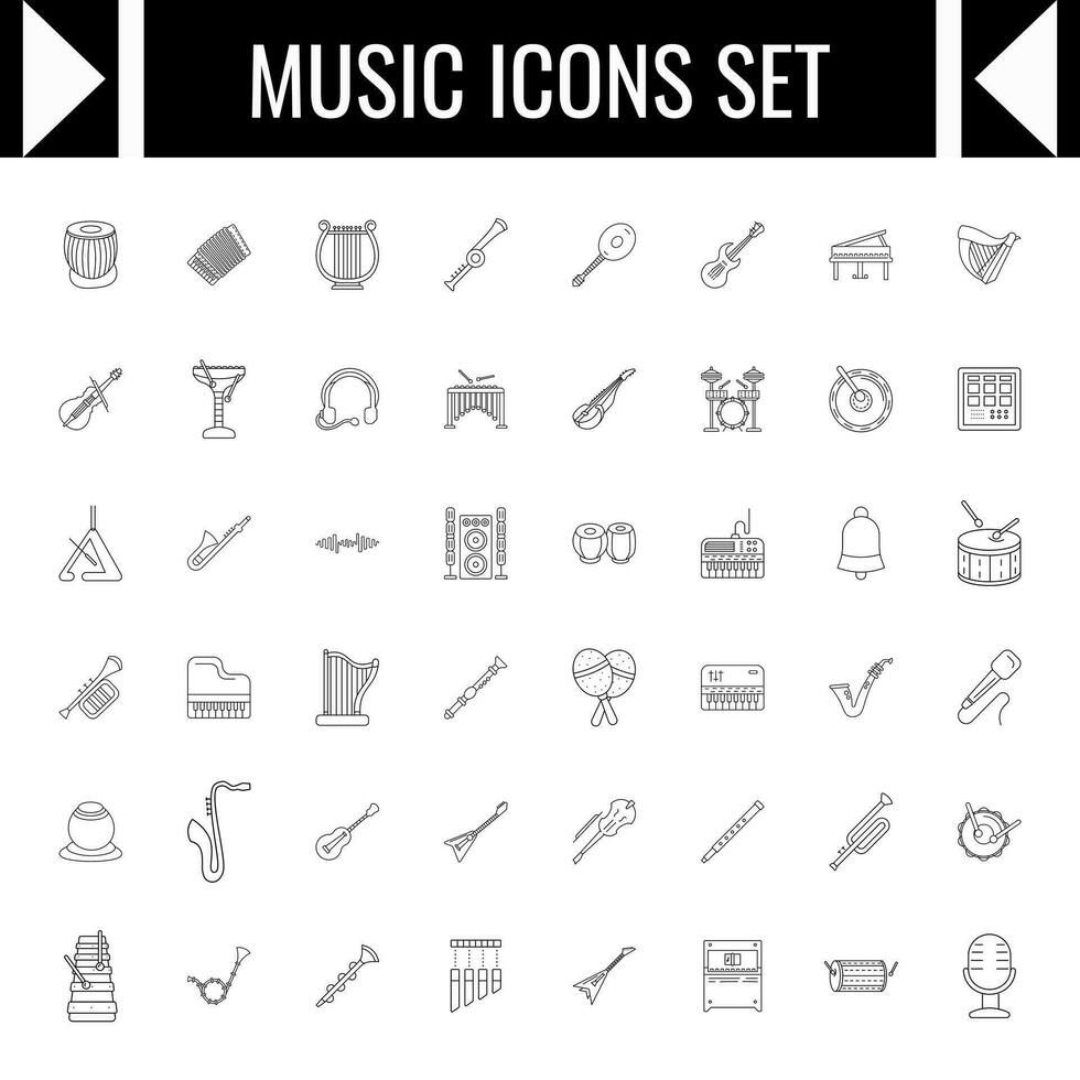 Black line art Musical instrument icons on white background. vector