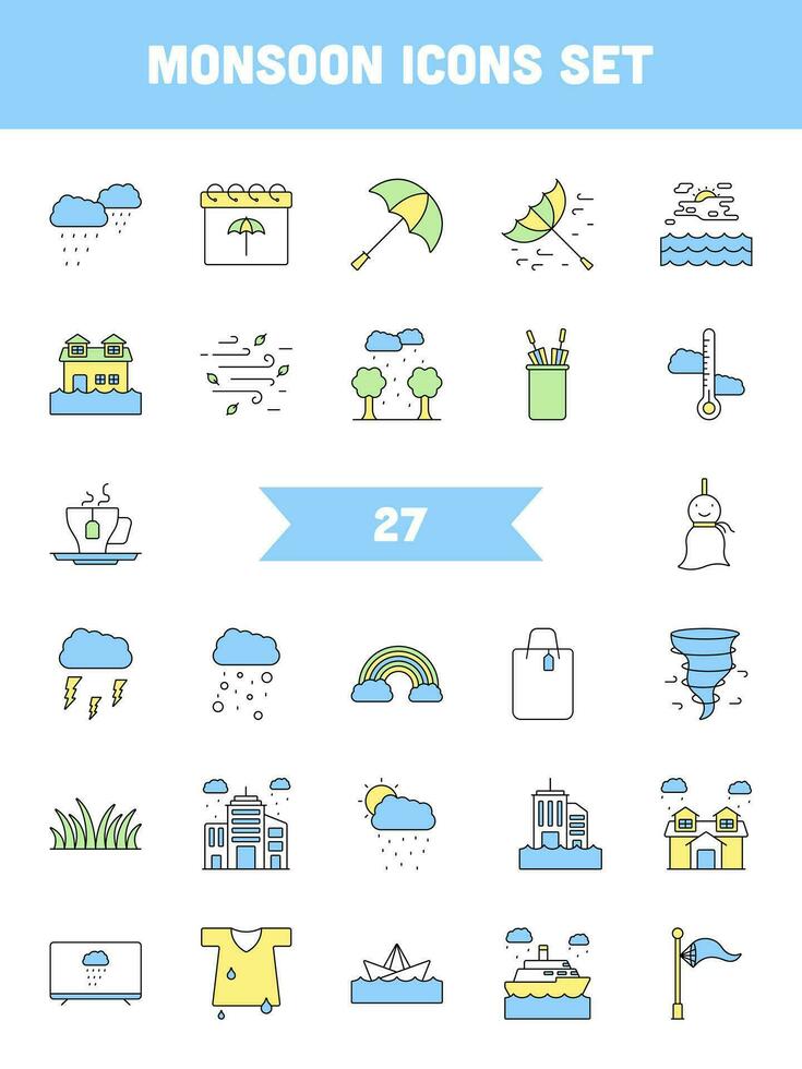 Colorful Monsoon Icon Set In Flat Style. vector