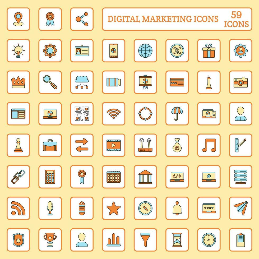 Orange And Blue Color Set Of Digital Marketing Icons In Flat Style. vector