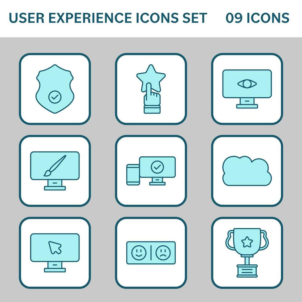 Turquoise User Experience Icon Set On White And Grey Square Background. vector