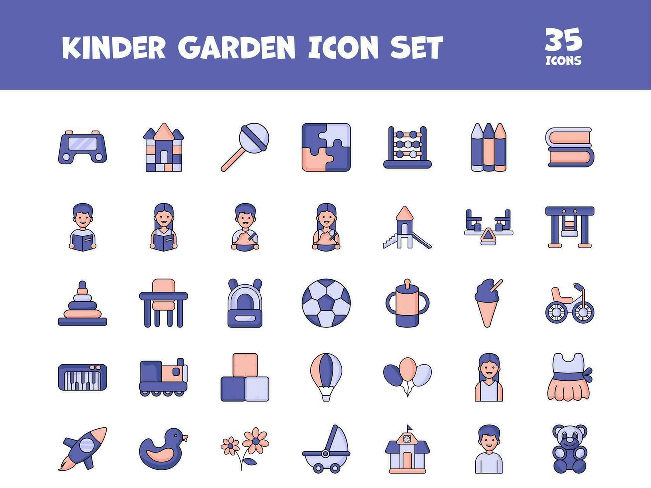 Blue And Pink Color Set Of Kindergarten Flat Icons. vector