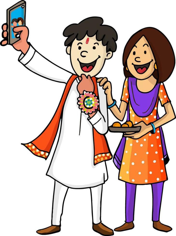 hermano y hermana tomando autofoto, raksha Bandhan concepto. vector