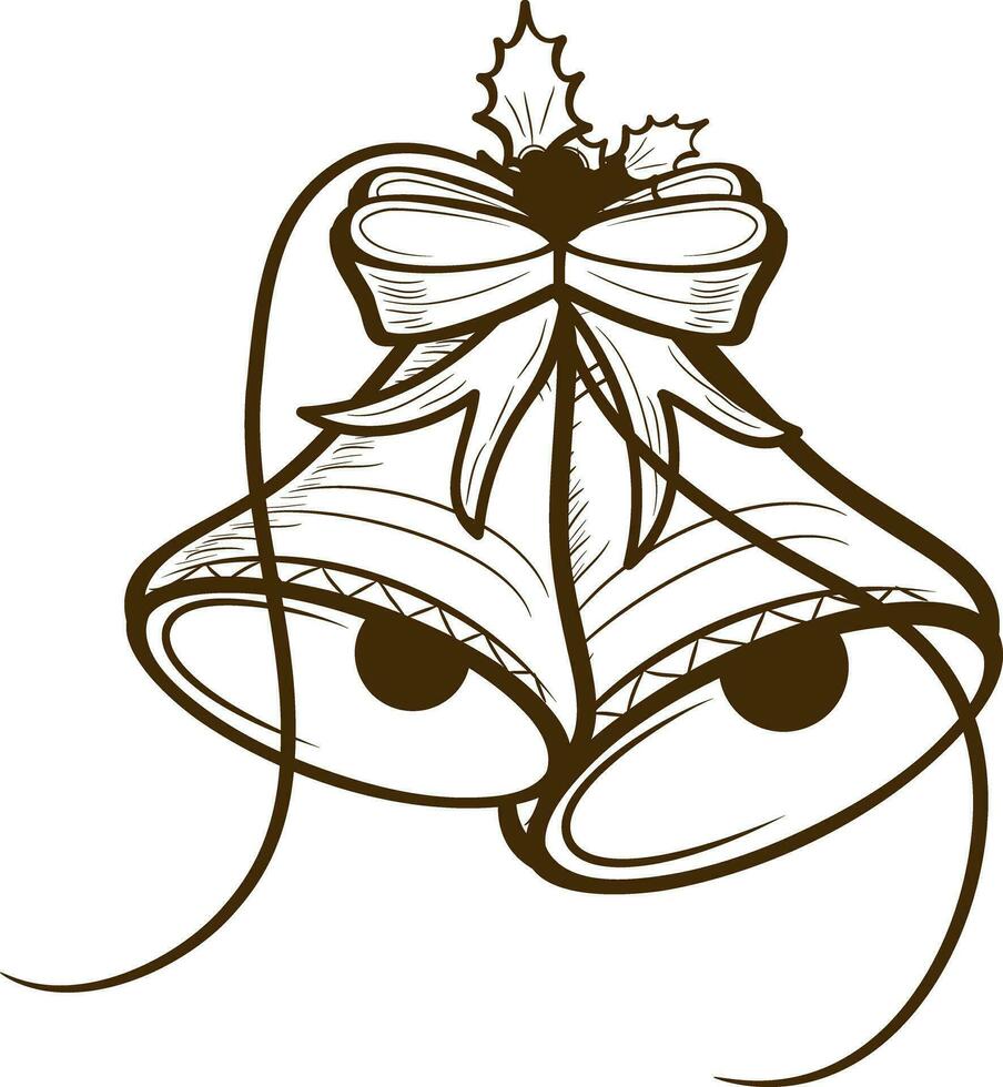 Line art jingle bell decorated holly leaves and ribbon. vector